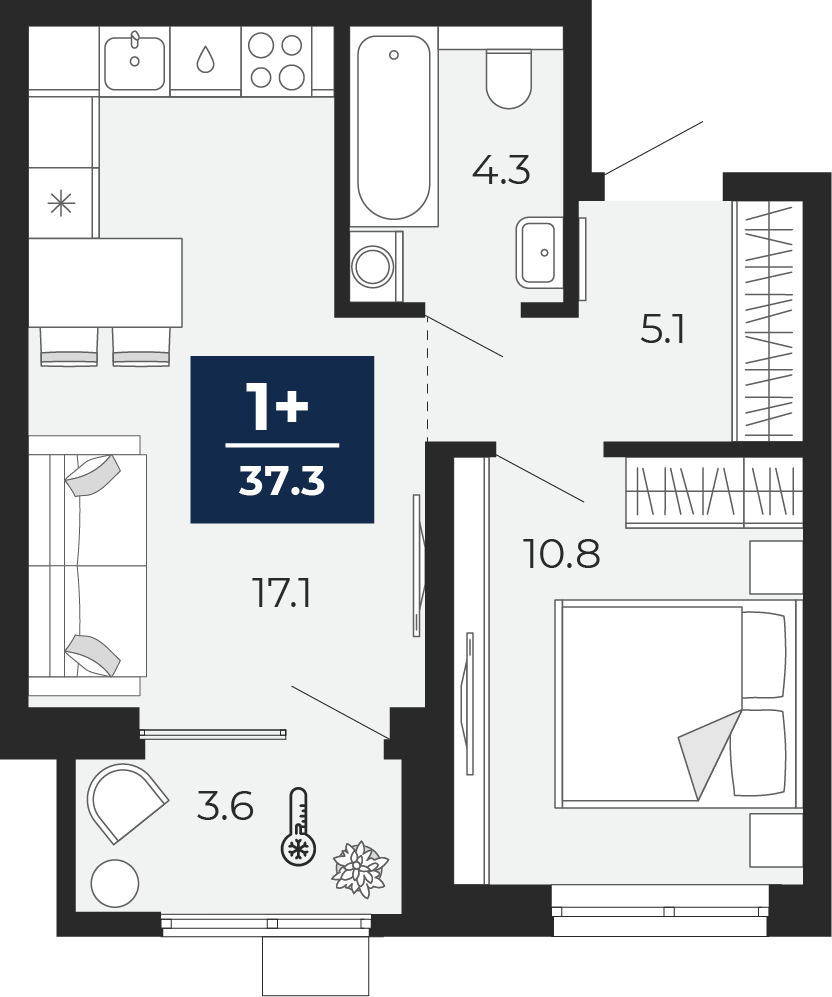 Квартира № 84, 1-комнатная, 41.2 кв. м, 12 этаж