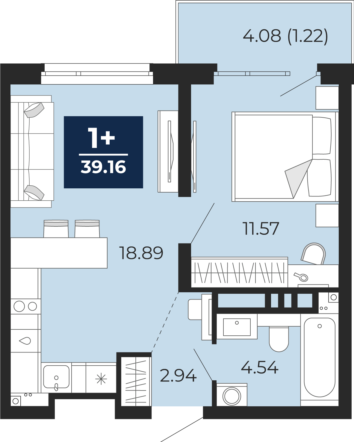 Квартира № 140, 1-комнатная, 39.16 кв. м, 19 этаж