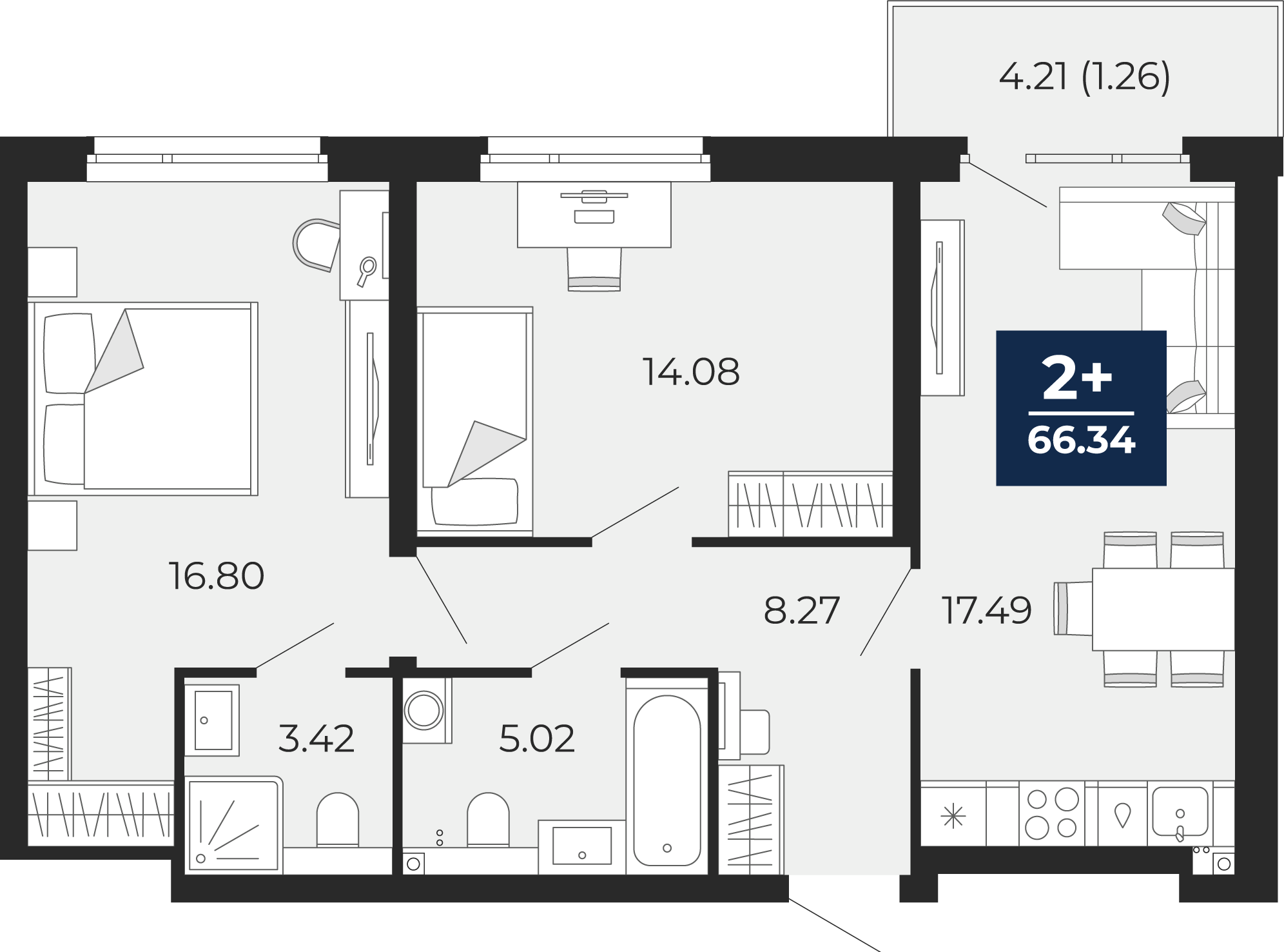 Квартира № 11, 2-комнатная, 66.34 кв. м, 2 этаж