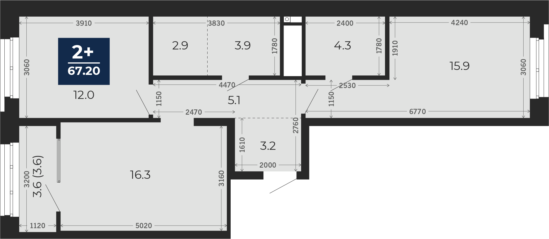 Квартира № 105, 2-комнатная, 67.2 кв. м, 2 этаж