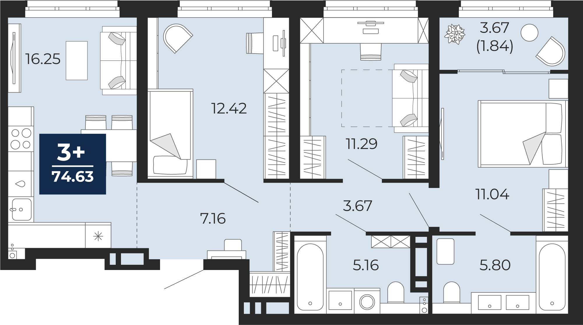 Квартира № 280, 3-комнатная, 74.63 кв. м, 12 этаж