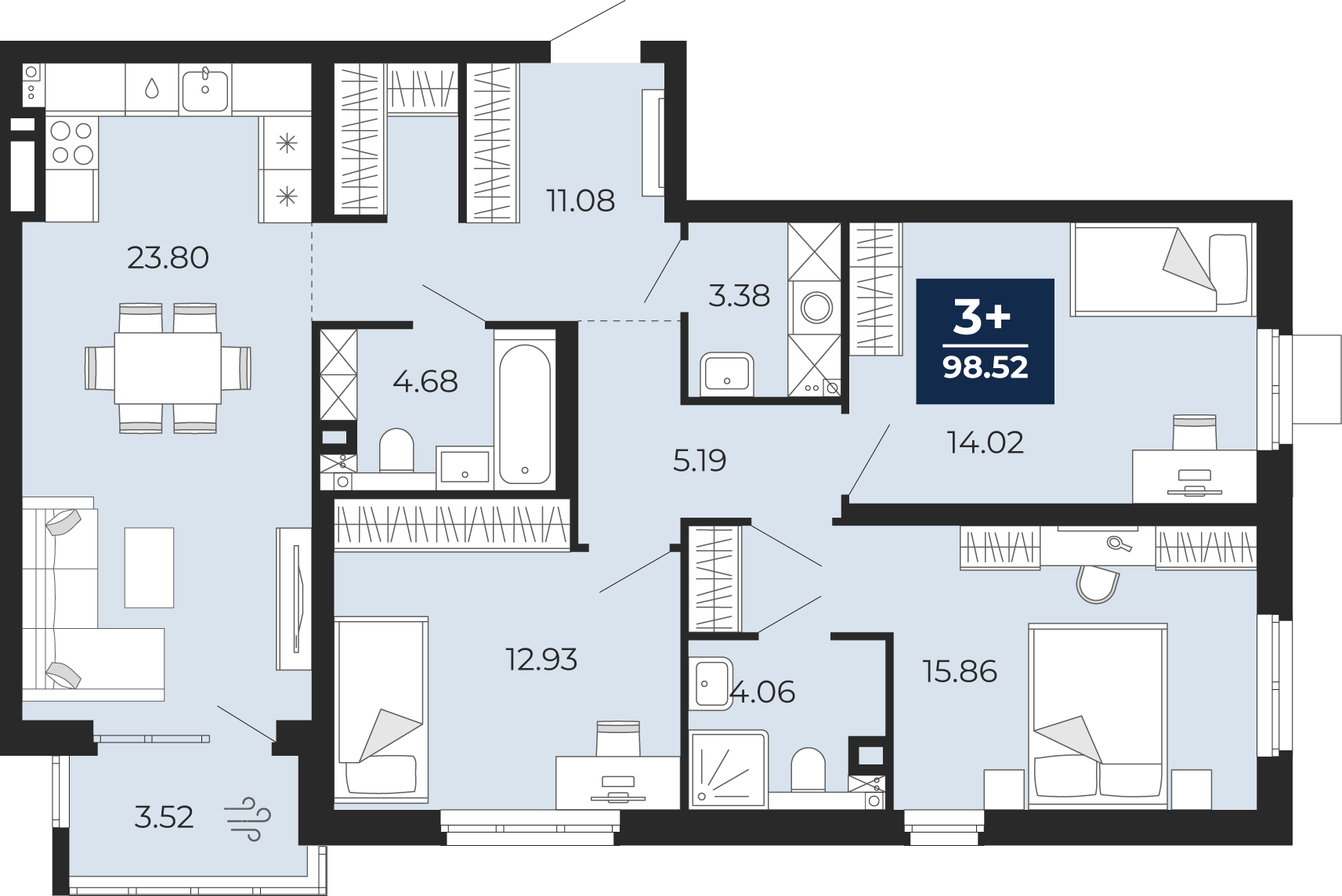 Квартира № 6, 3-комнатная, 98.52 кв. м, 2 этаж