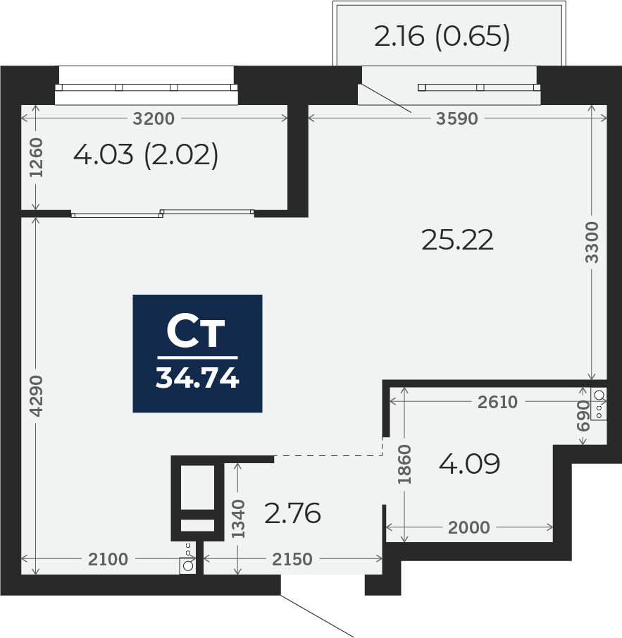 Квартира № 430, Студия, 34.74 кв. м, 12 этаж