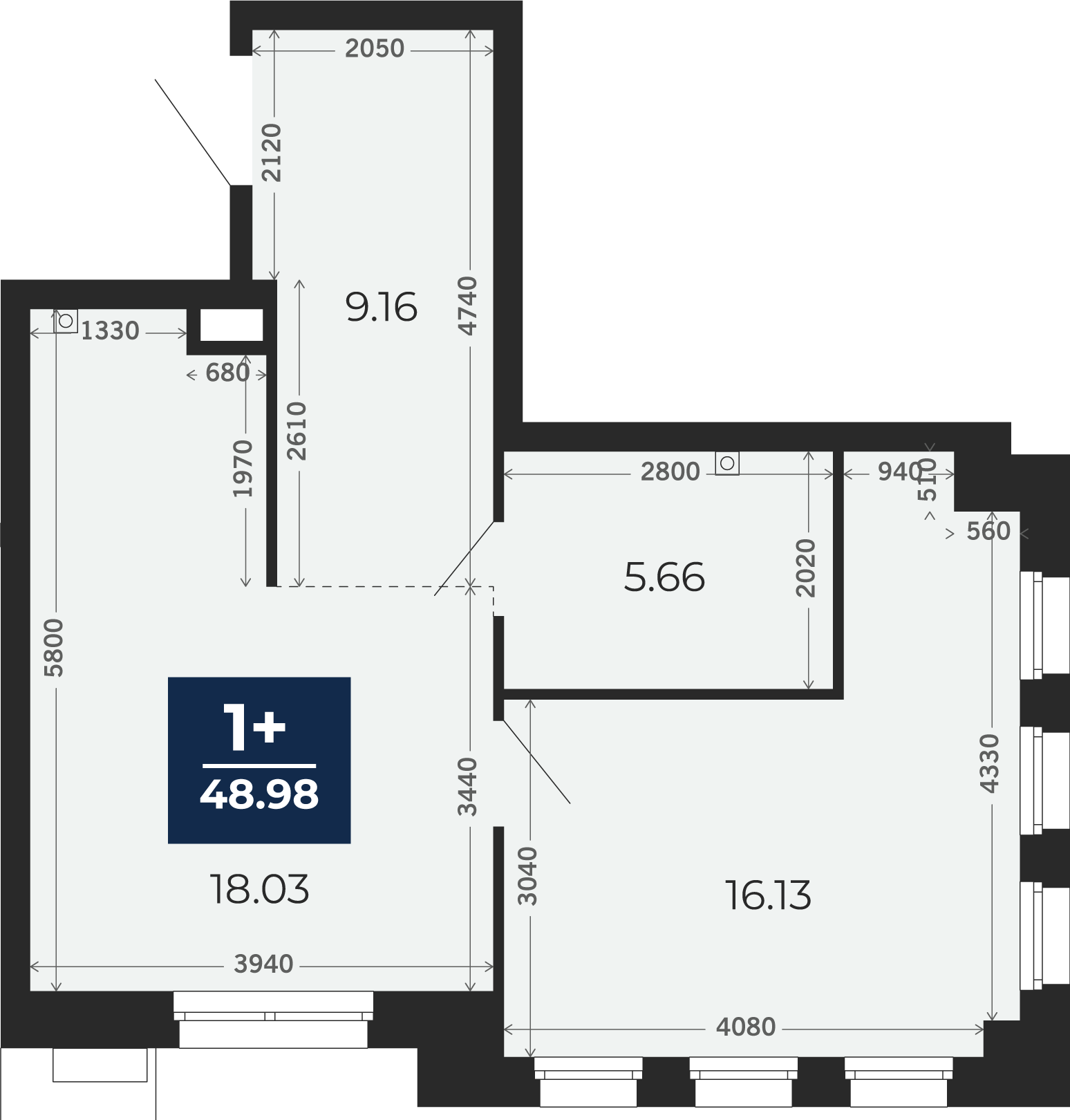 Квартира № 2, 1-комнатная, 48.98 кв. м, 2 этаж