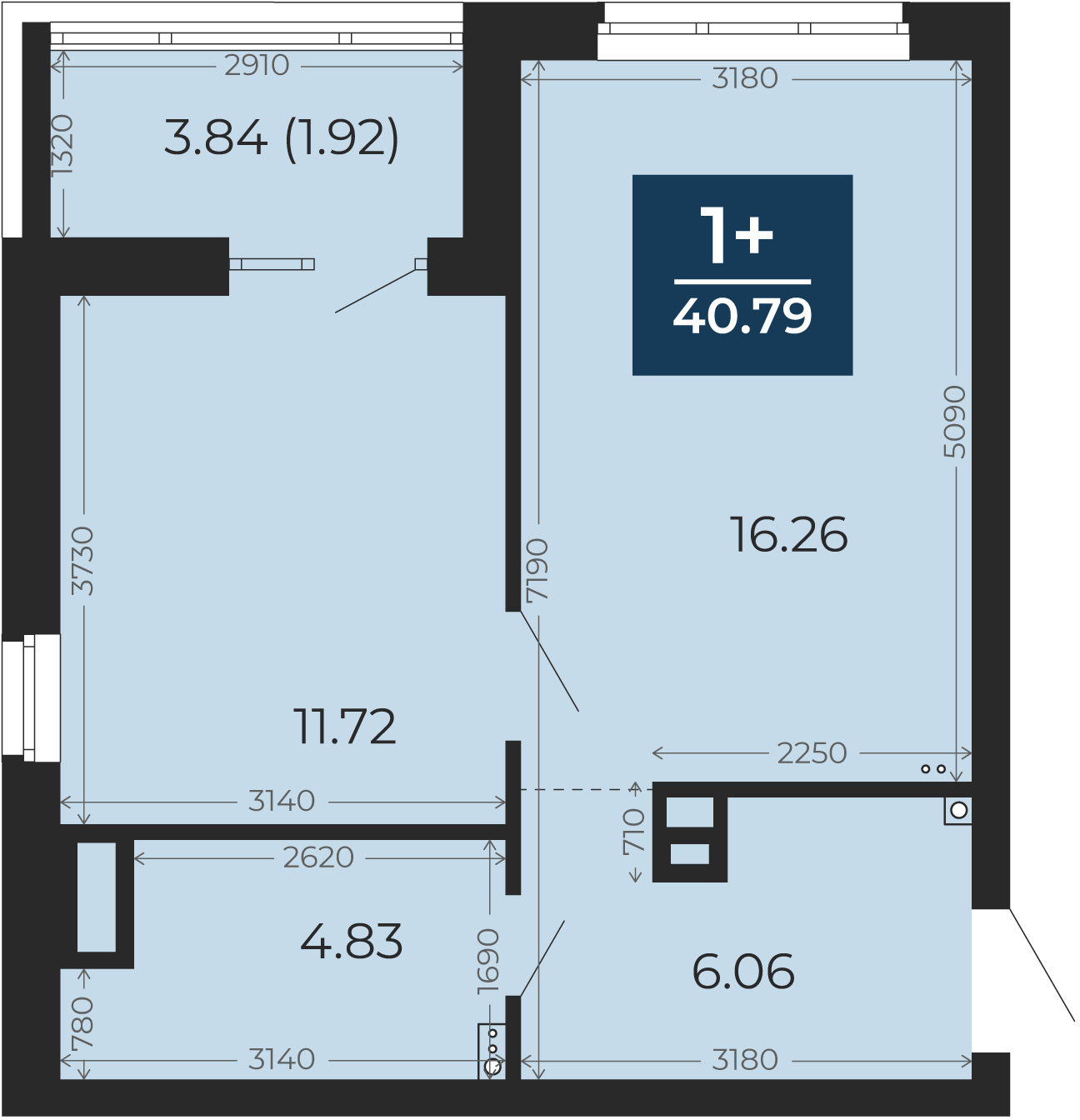 Квартира № 10, 1-комнатная, 40.79 кв. м, 2 этаж