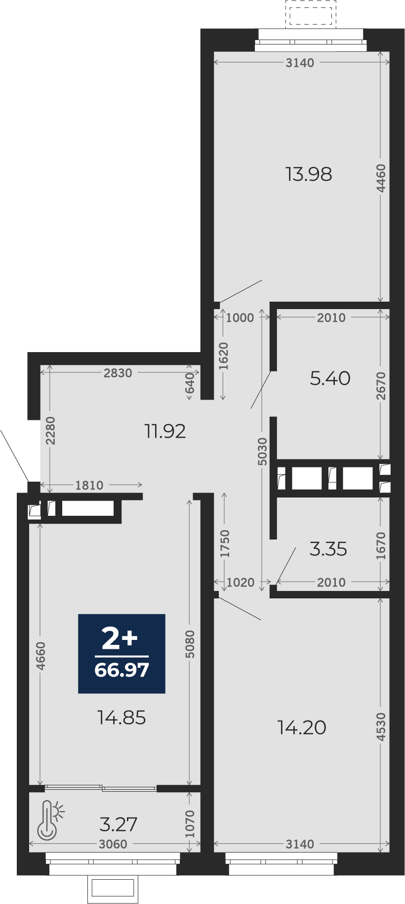 Квартира № 753, 2-комнатная, 66.97 кв. м, 2 этаж