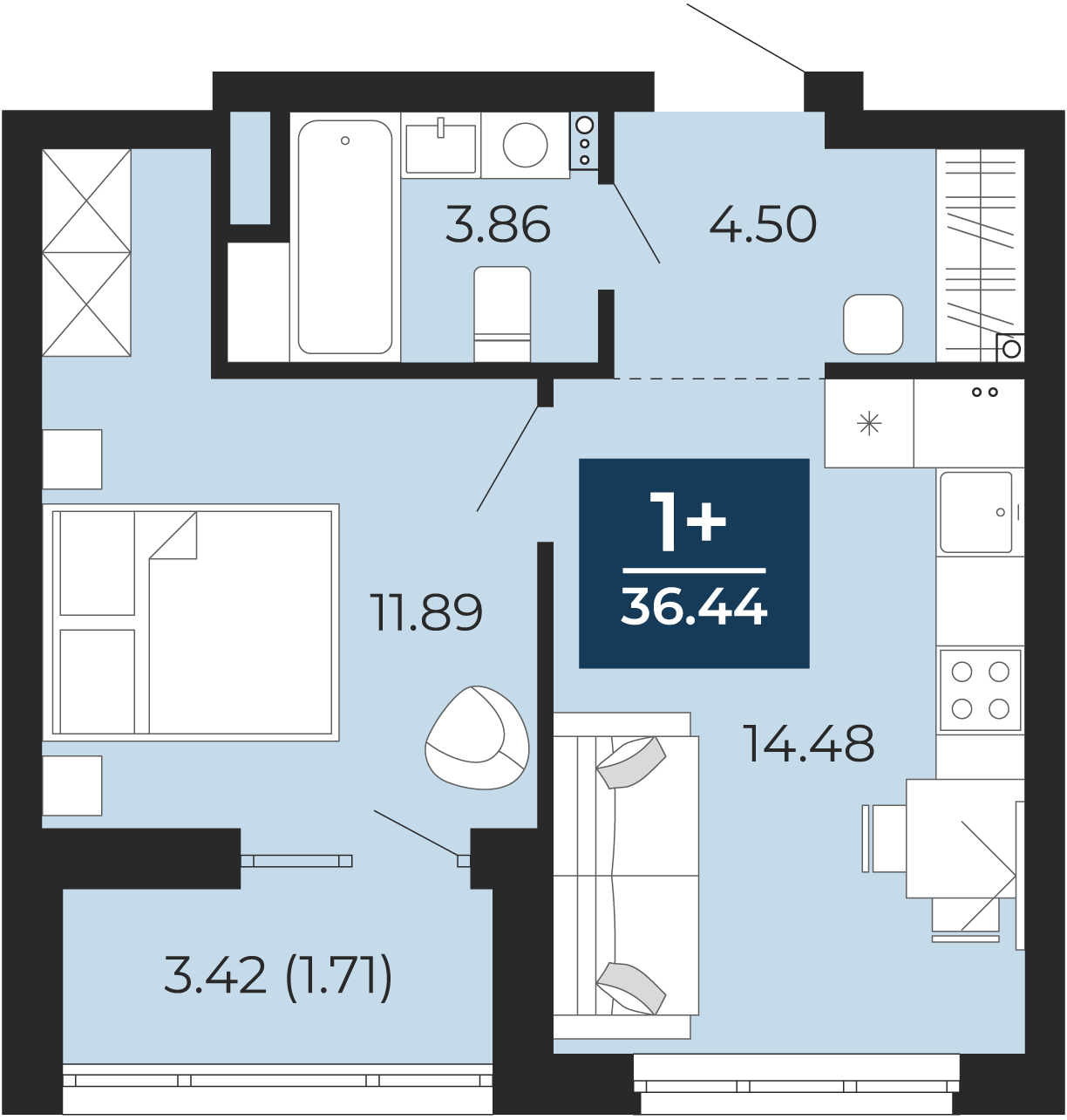 Квартира № 7, 1-комнатная, 36.44 кв. м, 2 этаж