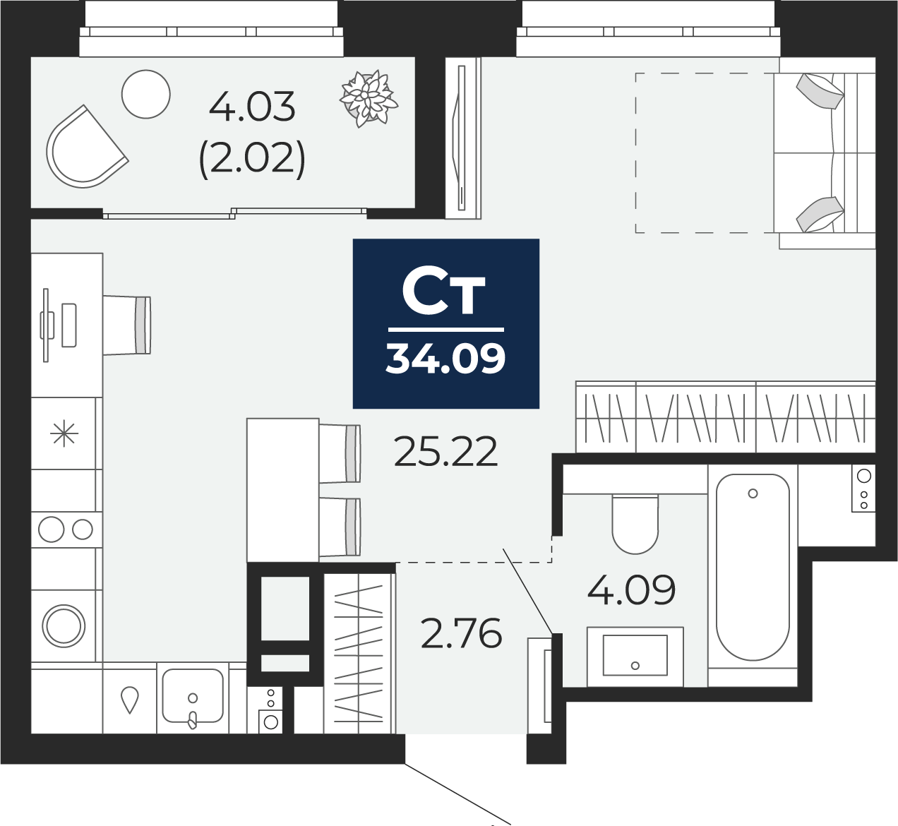 Квартира № 339, Студия, 36.1 кв. м, 16 этаж