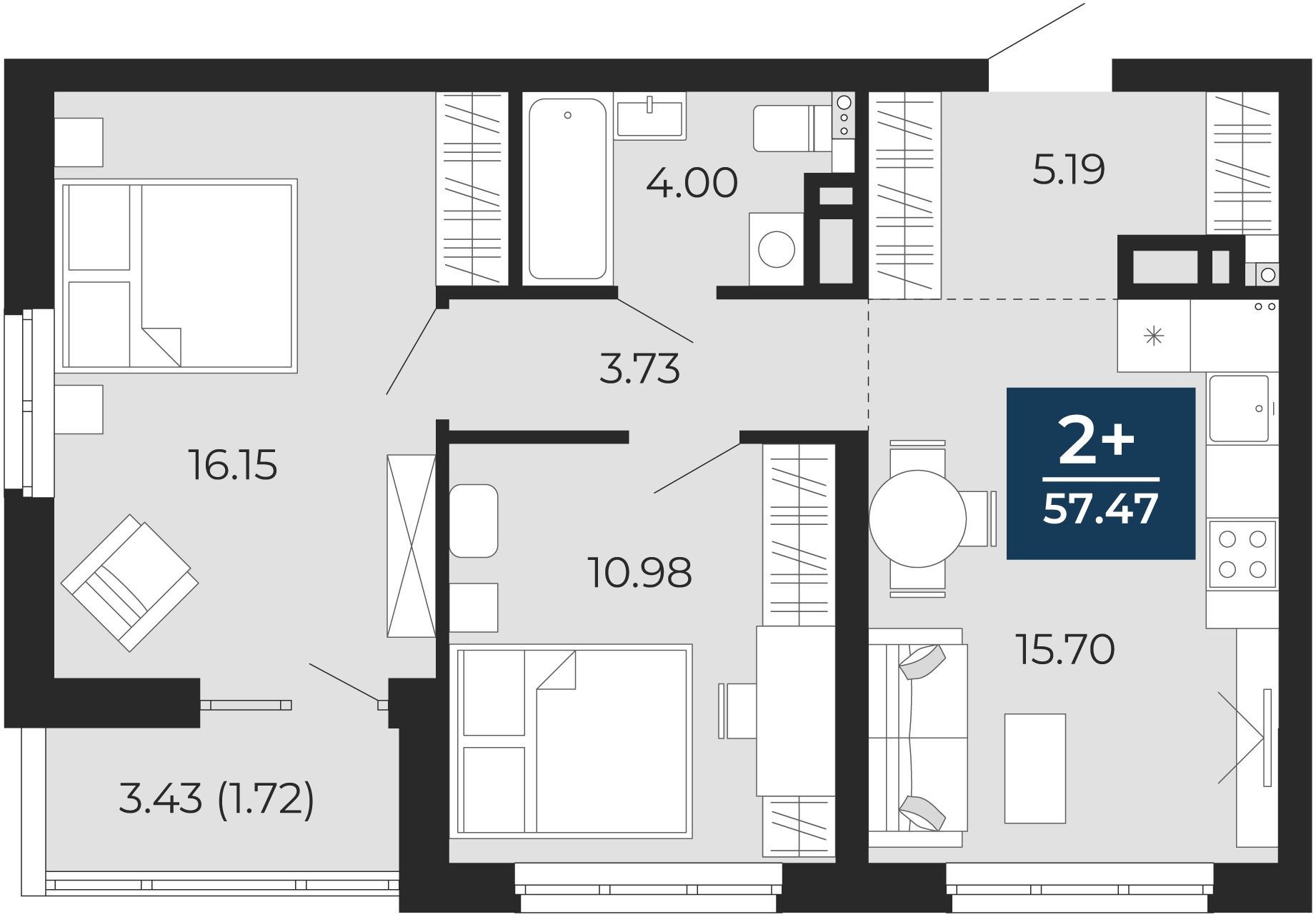Квартира № 89, 2-комнатная, 57.47 кв. м, 12 этаж