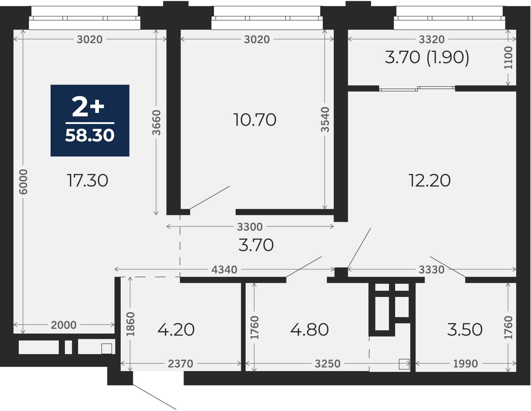 Квартира № 300, 2-комнатная, 58.3 кв. м, 9 этаж