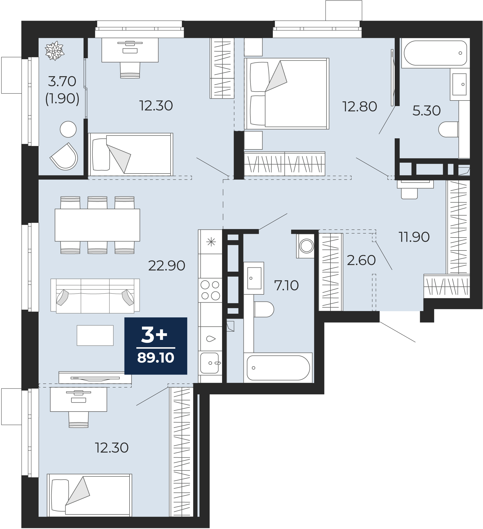 Квартира № 28, 3-комнатная, 89.1 кв. м, 5 этаж