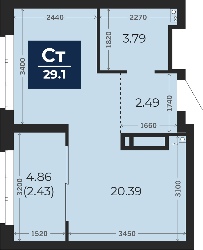 Квартира № 214, Студия, 29.1 кв. м, 22 этаж