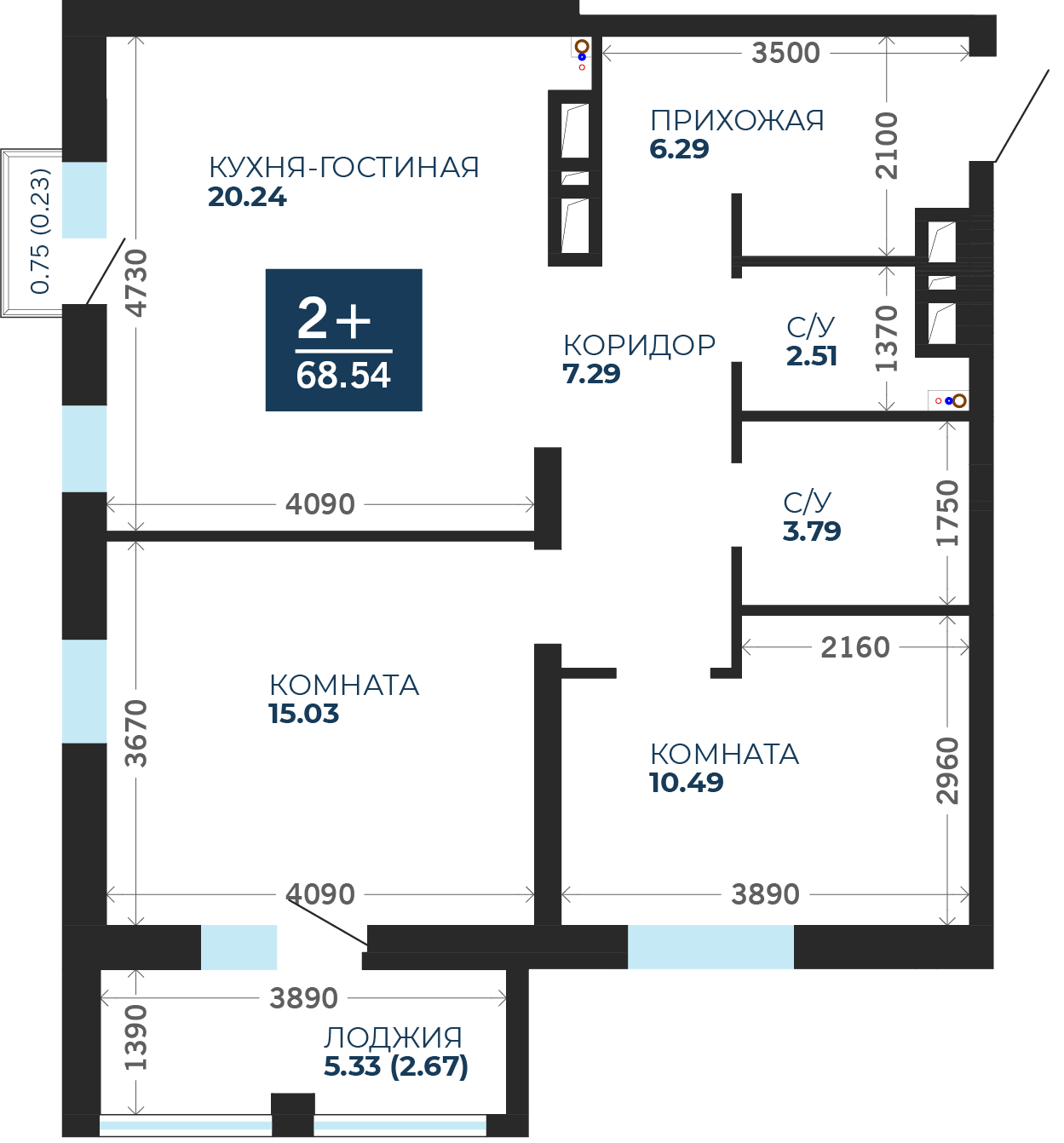 Квартира № 120, 2-комнатная, 68.54 кв. м, 16 этаж
