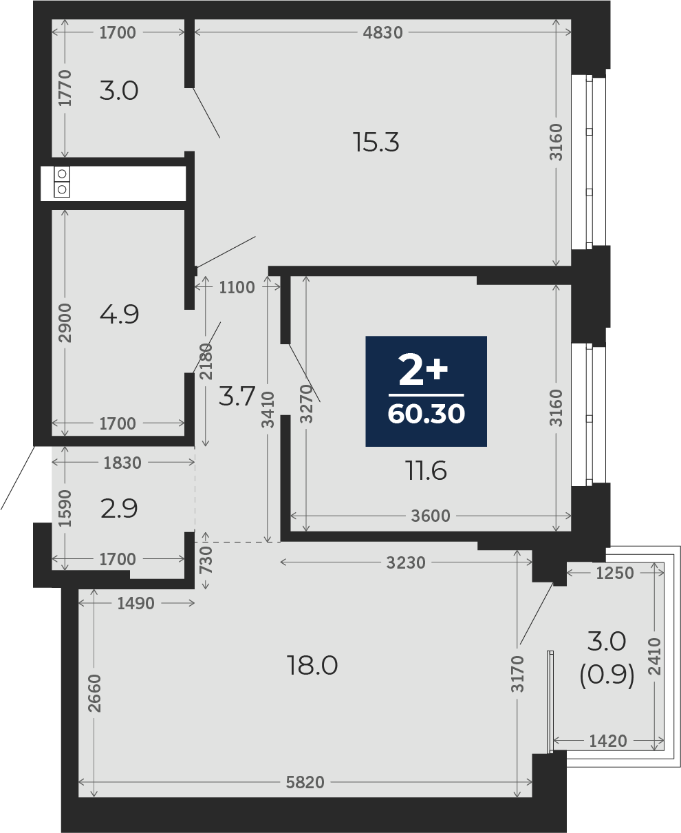 Квартира № 218, 2-комнатная, 62.4 кв. м, 14 этаж