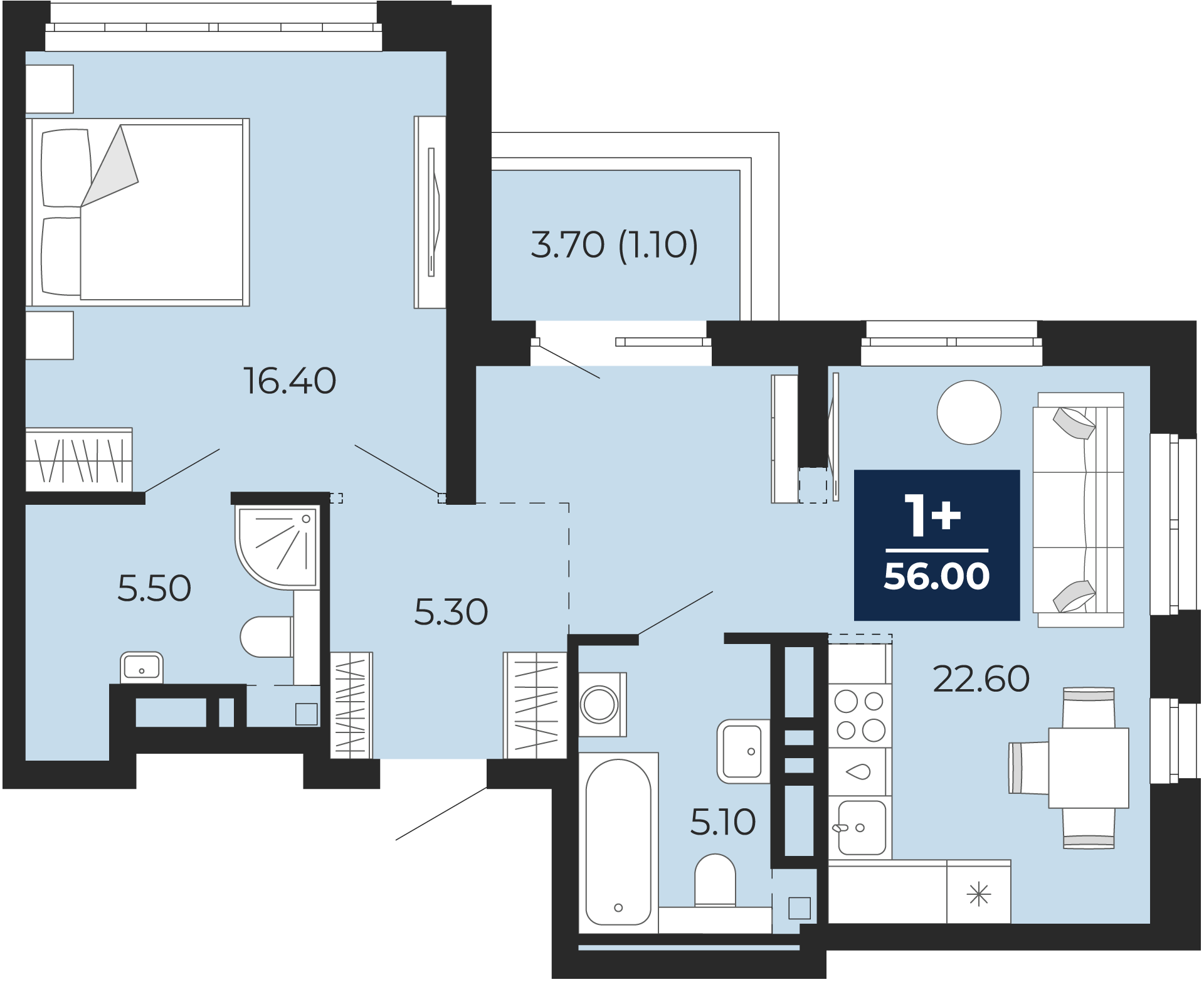 Квартира № 435, 1-комнатная, 56 кв. м, 18 этаж