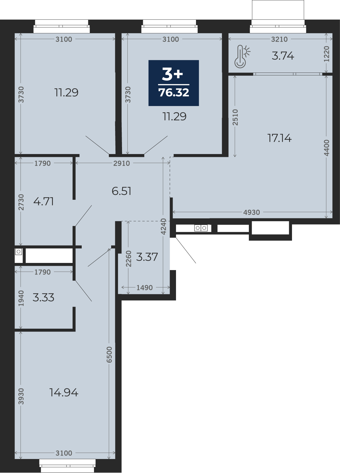 Квартира № 211, 3-комнатная, 76.32 кв. м, 13 этаж