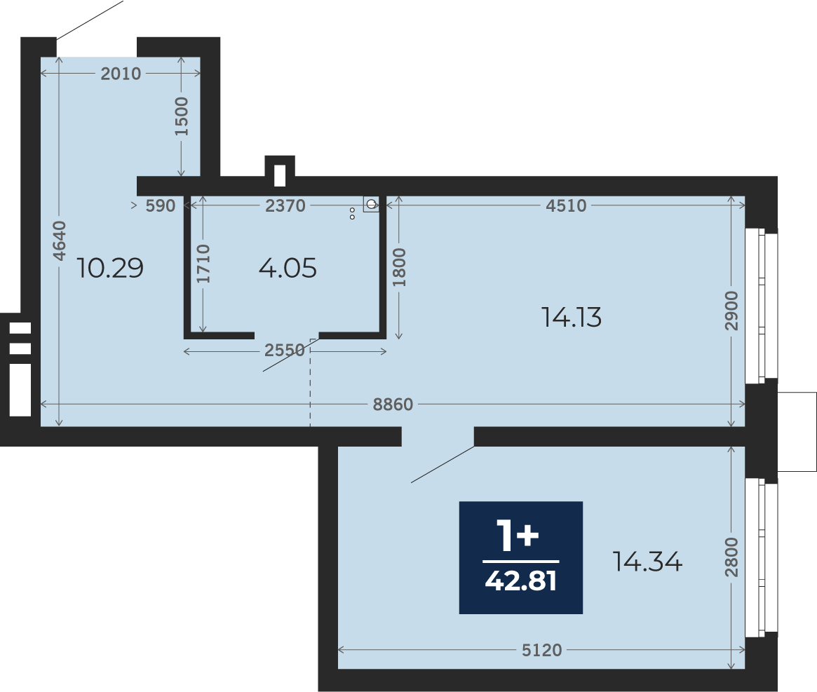 Квартира № 92, 1-комнатная, 42.81 кв. м, 1 этаж