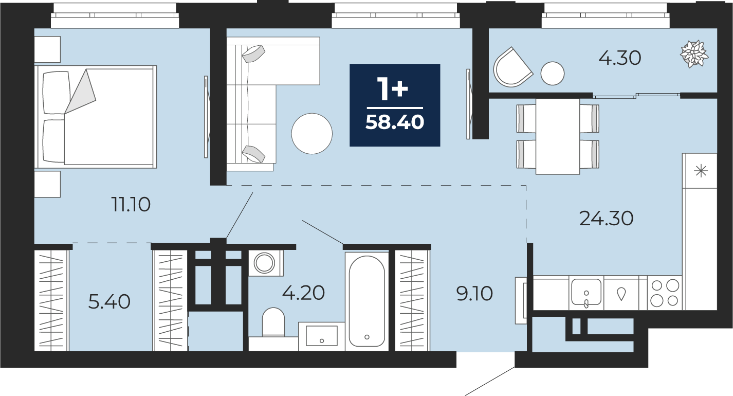 Квартира № 353, 1-комнатная, 58.4 кв. м, 18 этаж