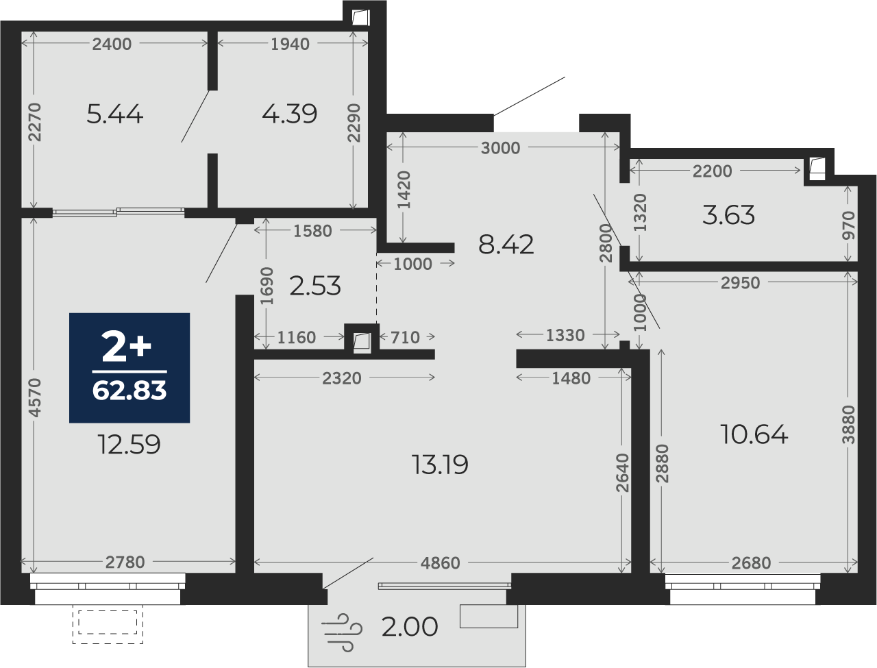 Квартира № 324, 2-комнатная, 62.83 кв. м, 2 этаж