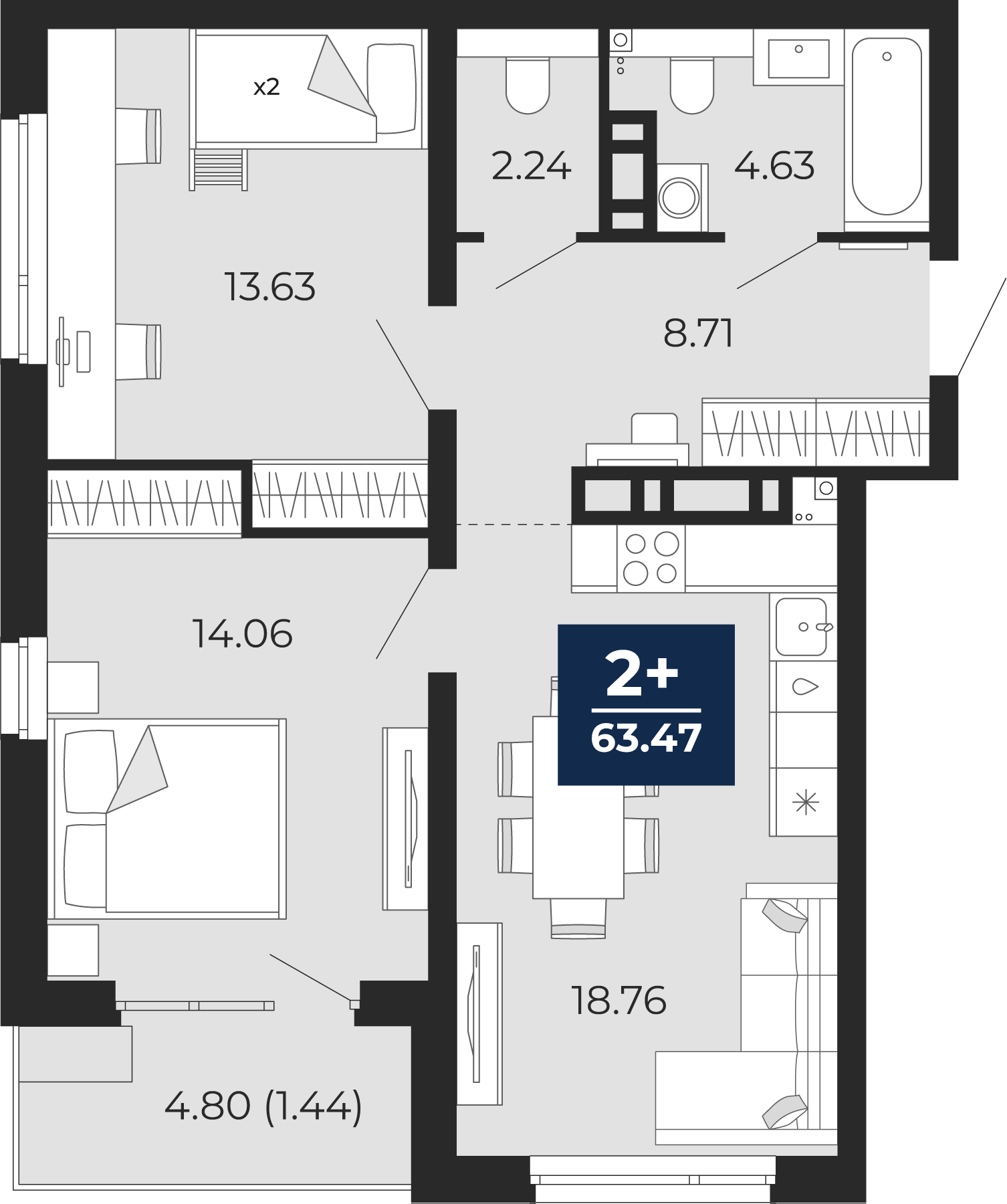 Квартира № 77, 2-комнатная, 63.47 кв. м, 11 этаж