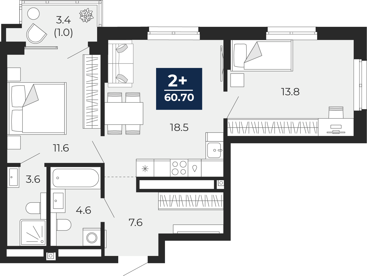 Планировка: Евротрешка 63.1 м² в ЖК Мириады, Мыс