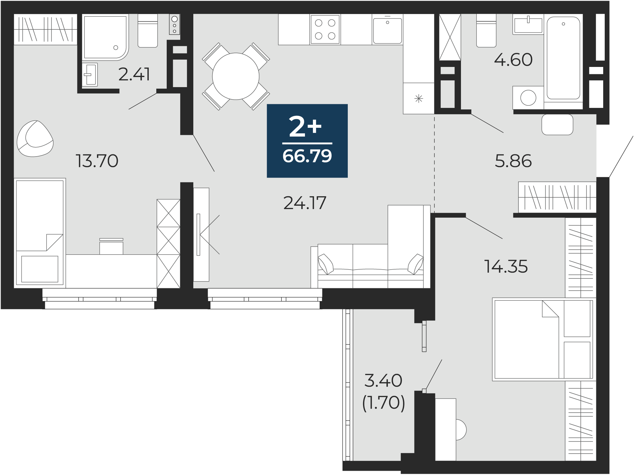 Квартира № 221, 2-комнатная, 66.79 кв. м, 3 этаж