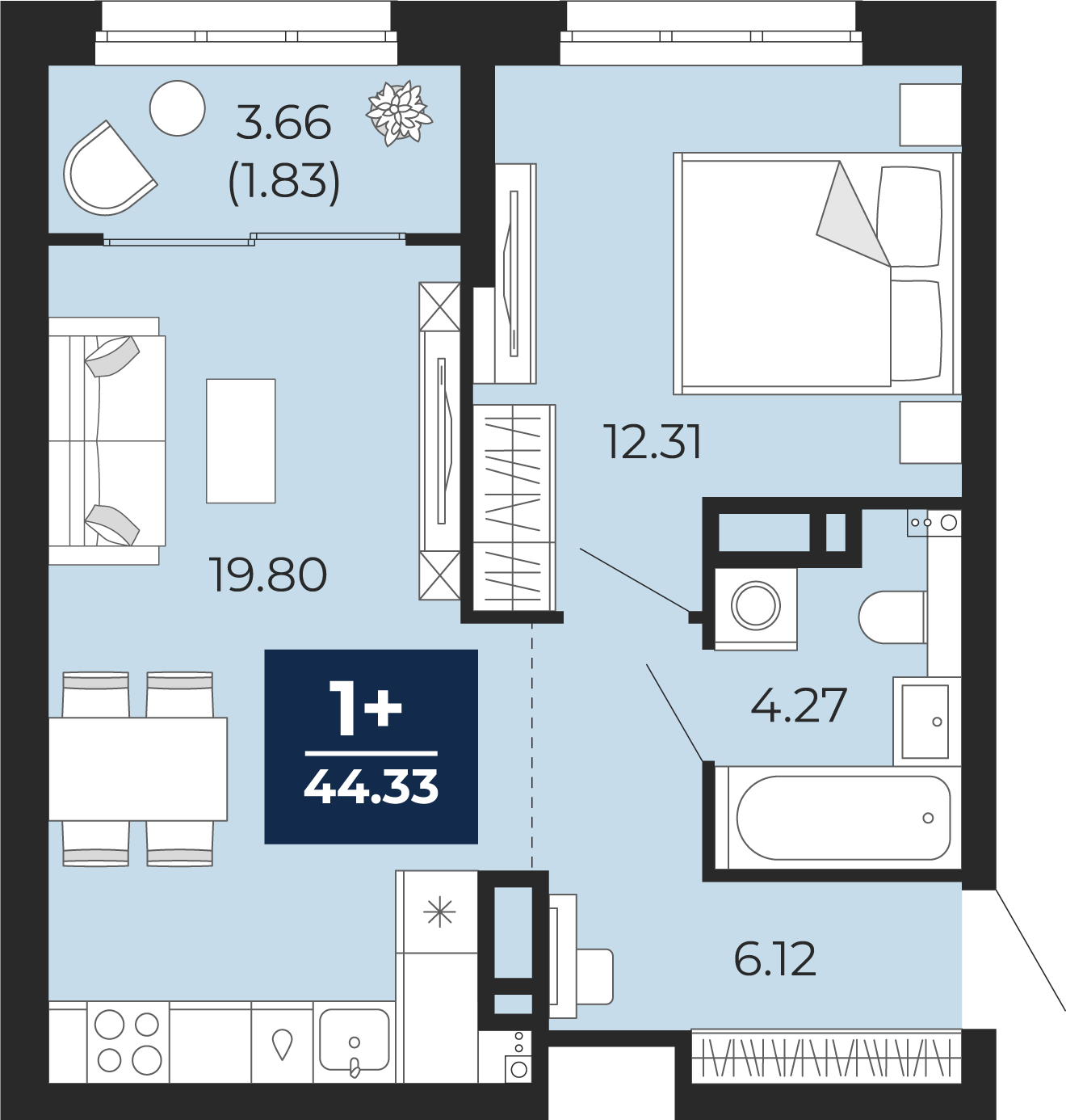 Квартира № 389, 1-комнатная, 44.33 кв. м, 7 этаж