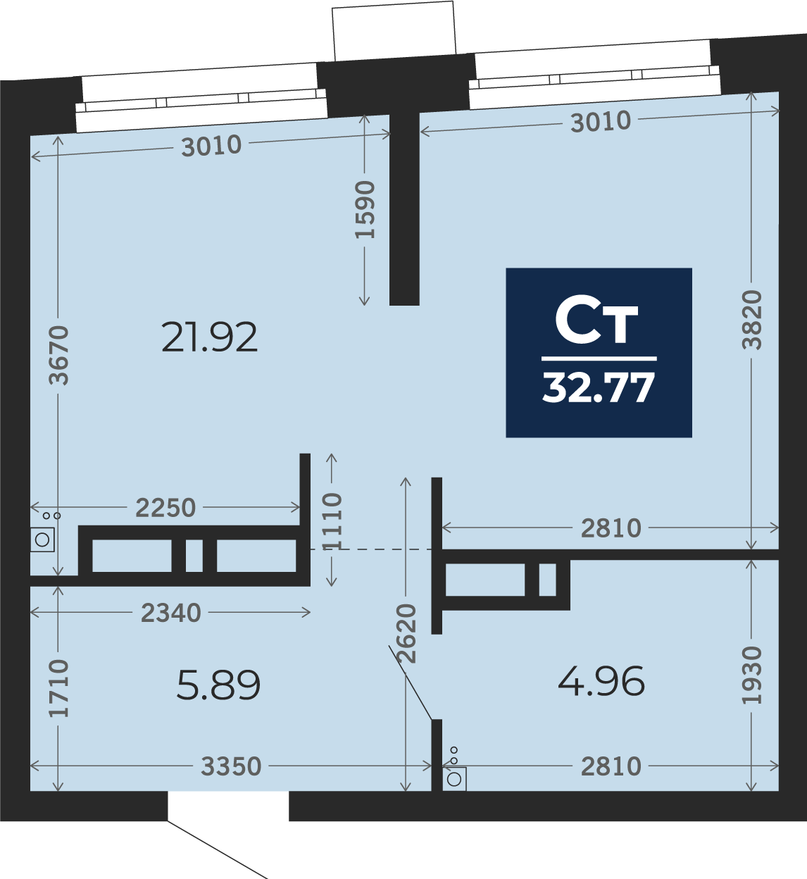 Квартира № 111, Студия, 32.77 кв. м, 15 этаж