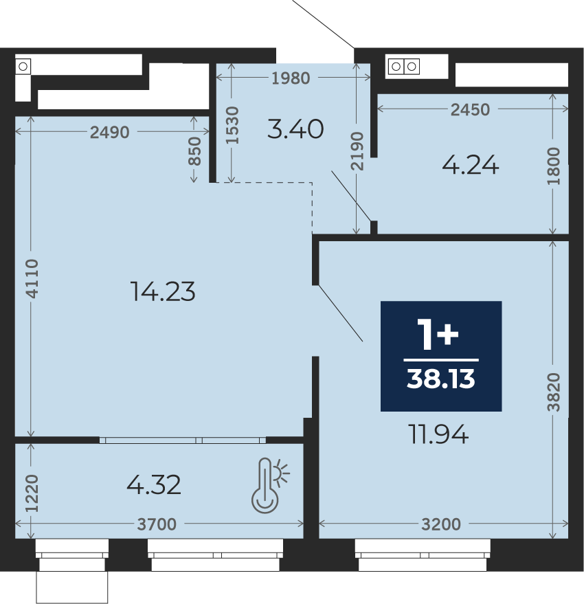 Квартира № 209, 1-комнатная, 38.13 кв. м, 13 этаж