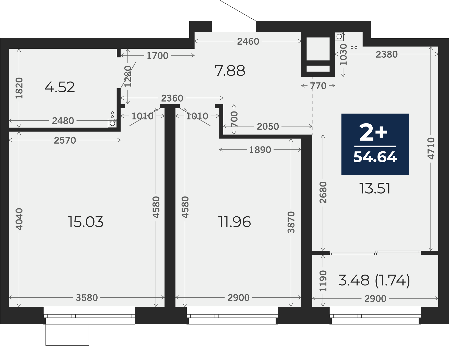 Квартира № 237, 2-комнатная, 54.64 кв. м, 13 этаж