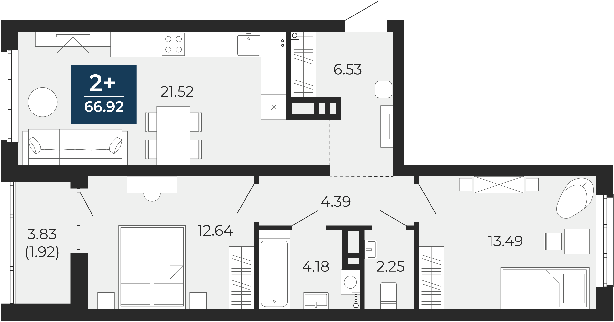 Квартира № 113, 2-комнатная, 66.92 кв. м, 2 этаж
