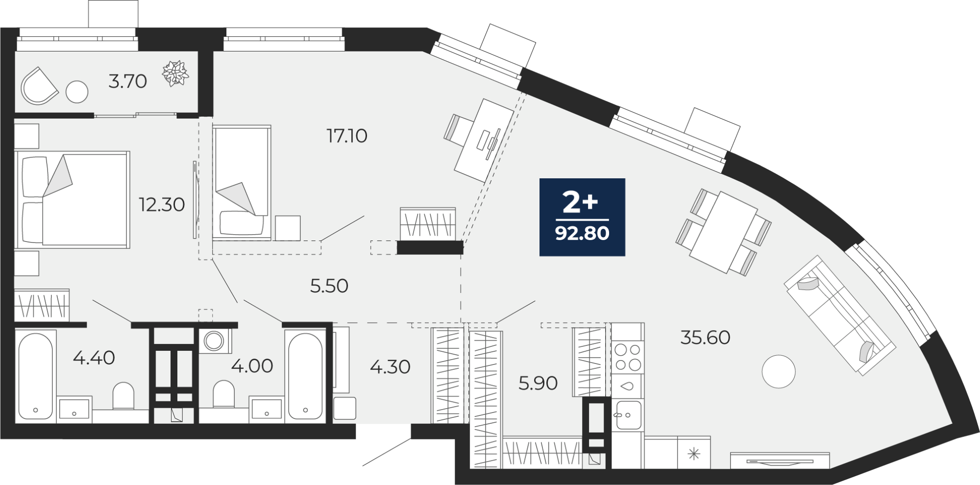 Квартира № 16, 2-комнатная, 92.8 кв. м, 4 этаж