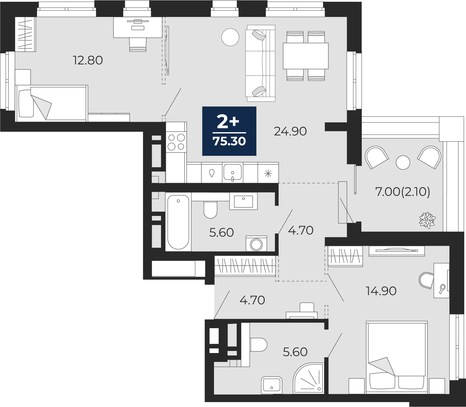 Квартира № 123, 2-комнатная, 75.3 кв. м, 16 этаж