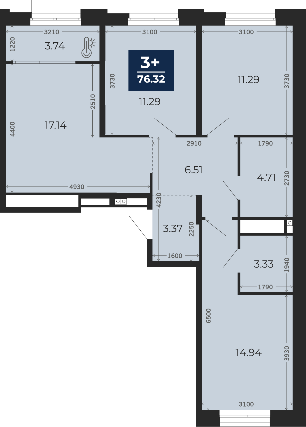 Квартира № 218, 3-комнатная, 76.32 кв. м, 2 этаж