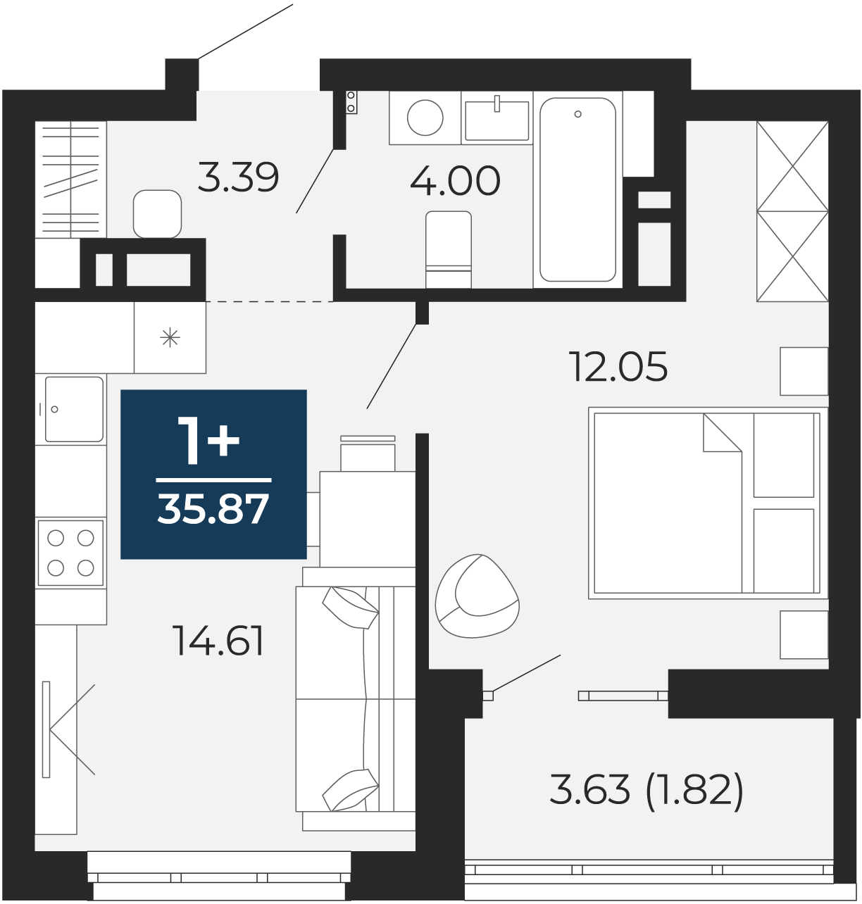 Квартира № 394, 1-комнатная, 35.87 кв. м, 9 этаж