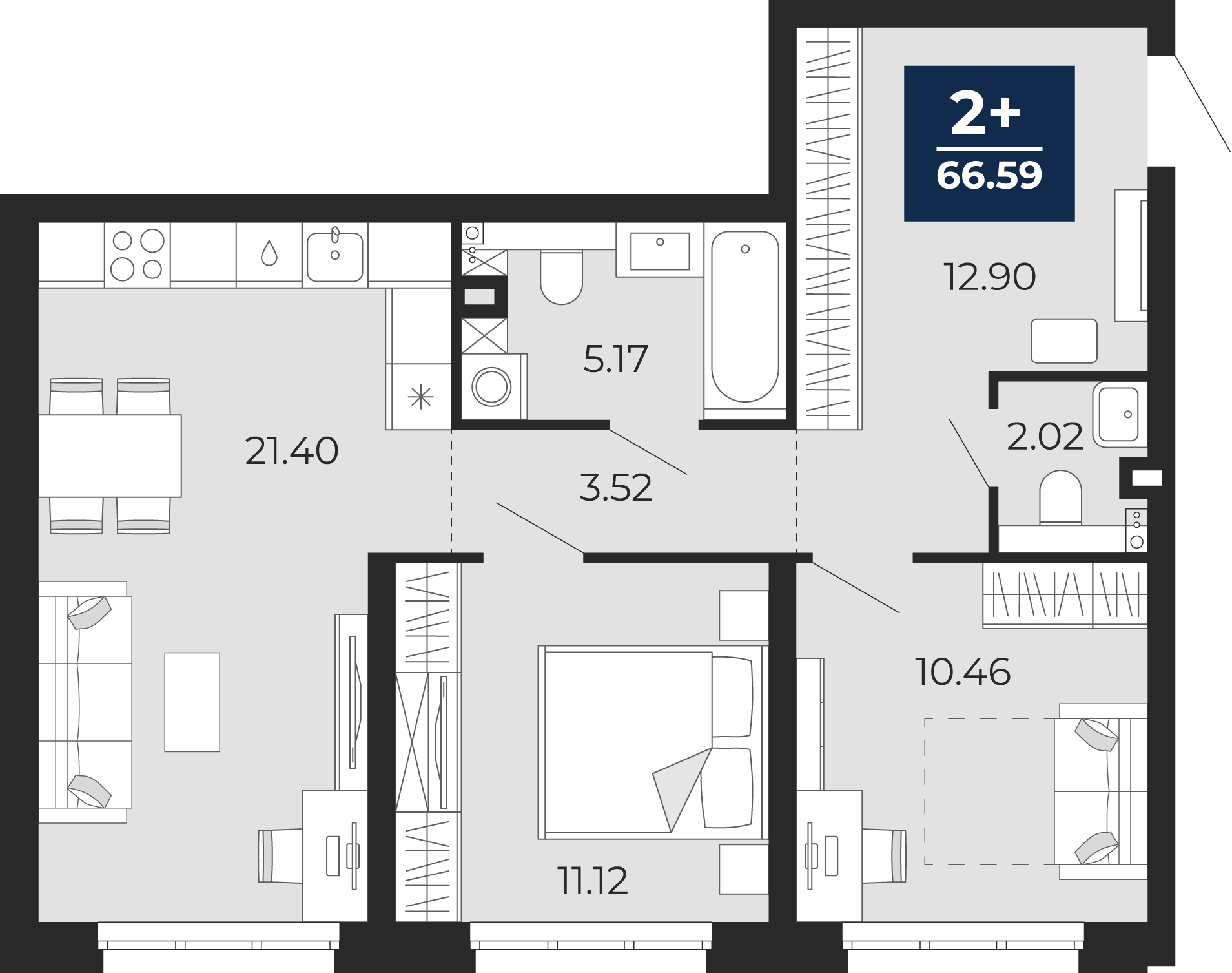Квартира № 342, 2-комнатная, 66.59 кв. м, 1 этаж
