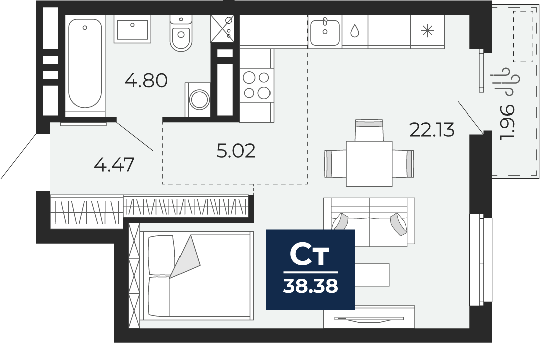 Планировка: Студия 37.4 м² в ЖК Мириады, Мыс