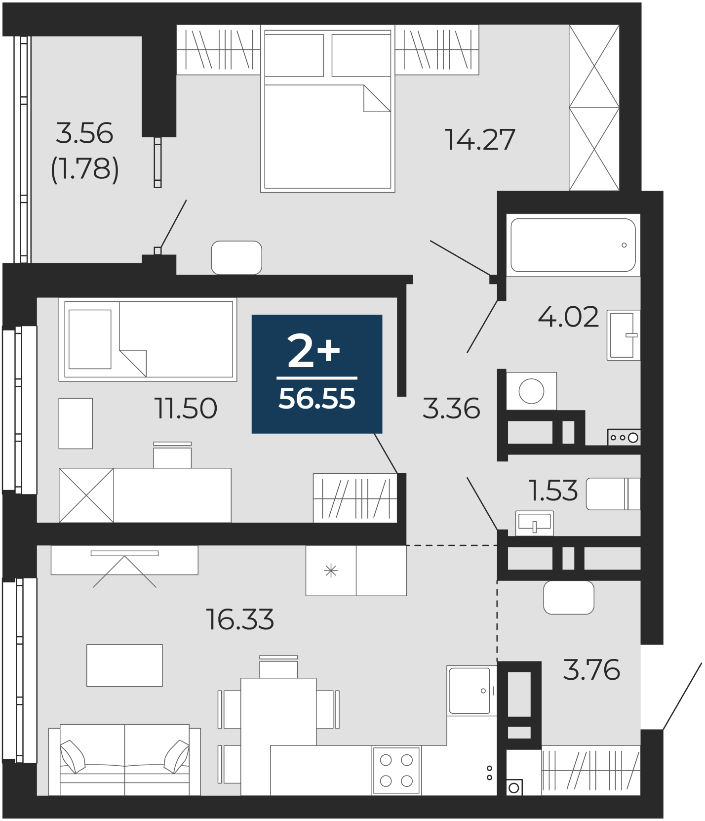 Квартира № 128, 2-комнатная, 56.55 кв. м, 4 этаж