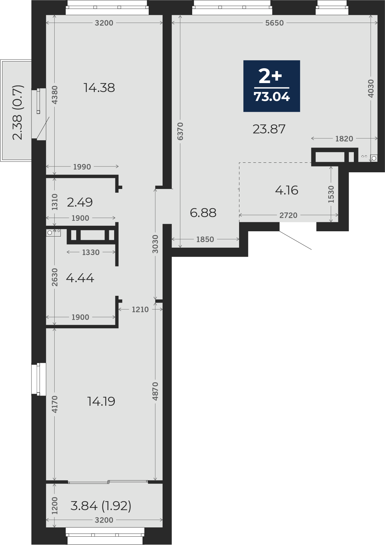 Квартира № 502, 2-комнатная, 73.04 кв. м, 13 этаж