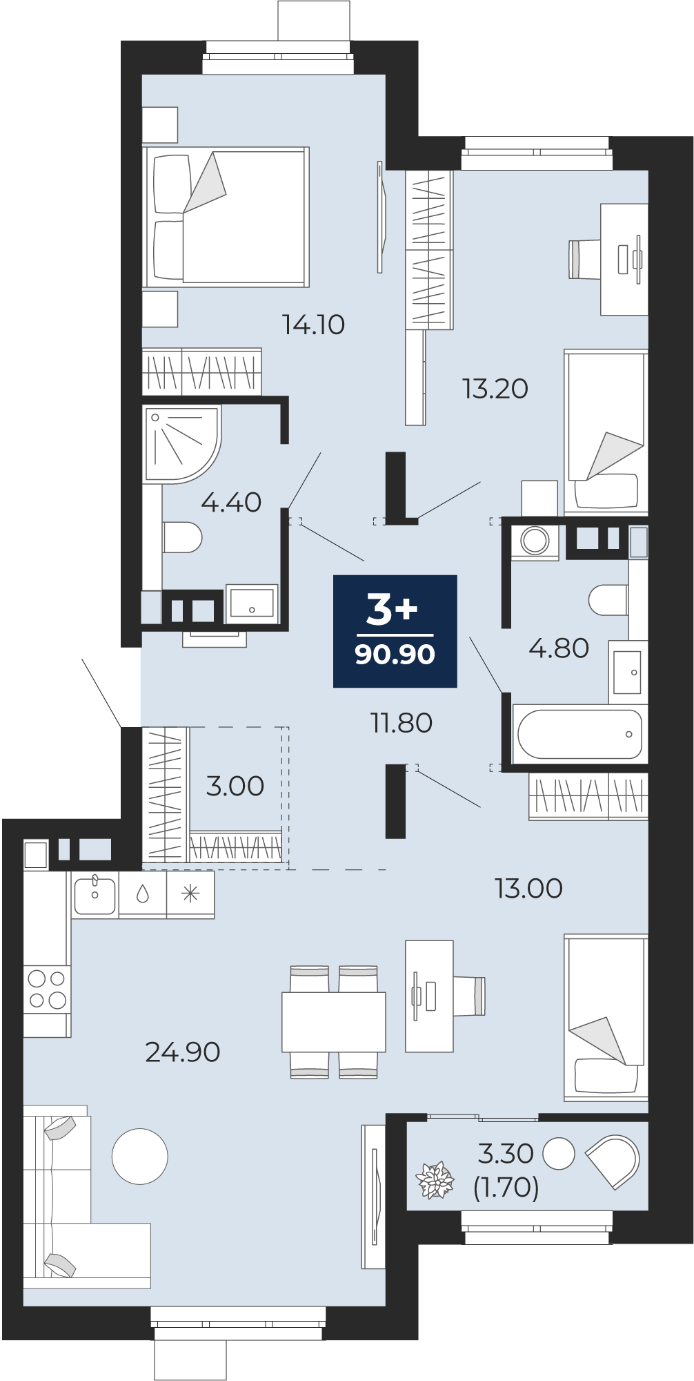 Квартира № 466, 3-комнатная, 90.9 кв. м, 9 этаж