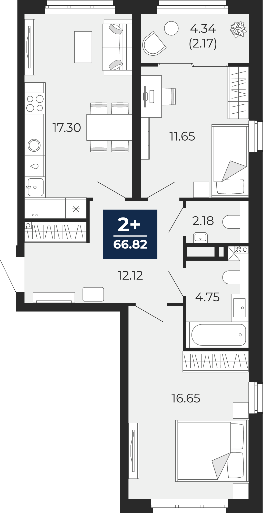 Квартира № 303, 2-комнатная, 66.82 кв. м, 2 этаж