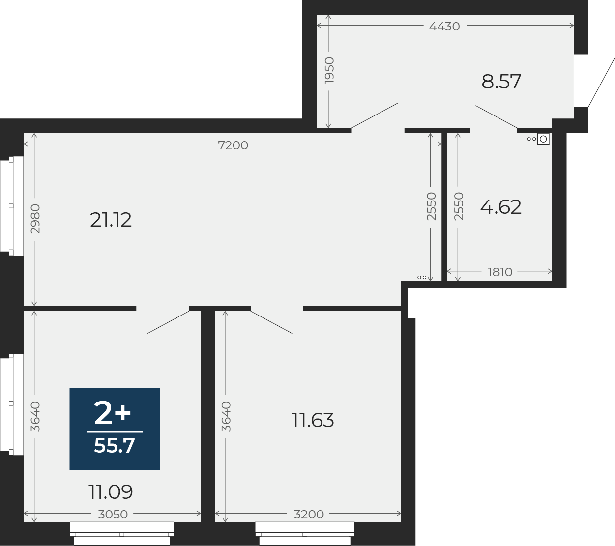 Квартира № 308, 2-комнатная, 57.03 кв. м, 23 этаж