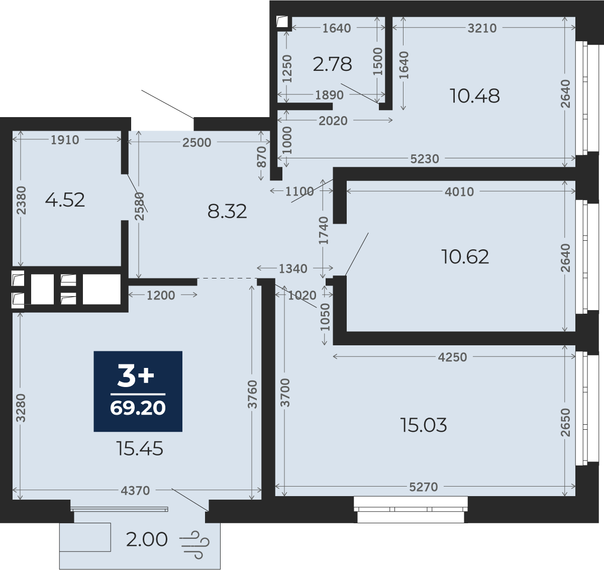 Квартира № 628, 3-комнатная, 67.8 кв. м, 6 этаж