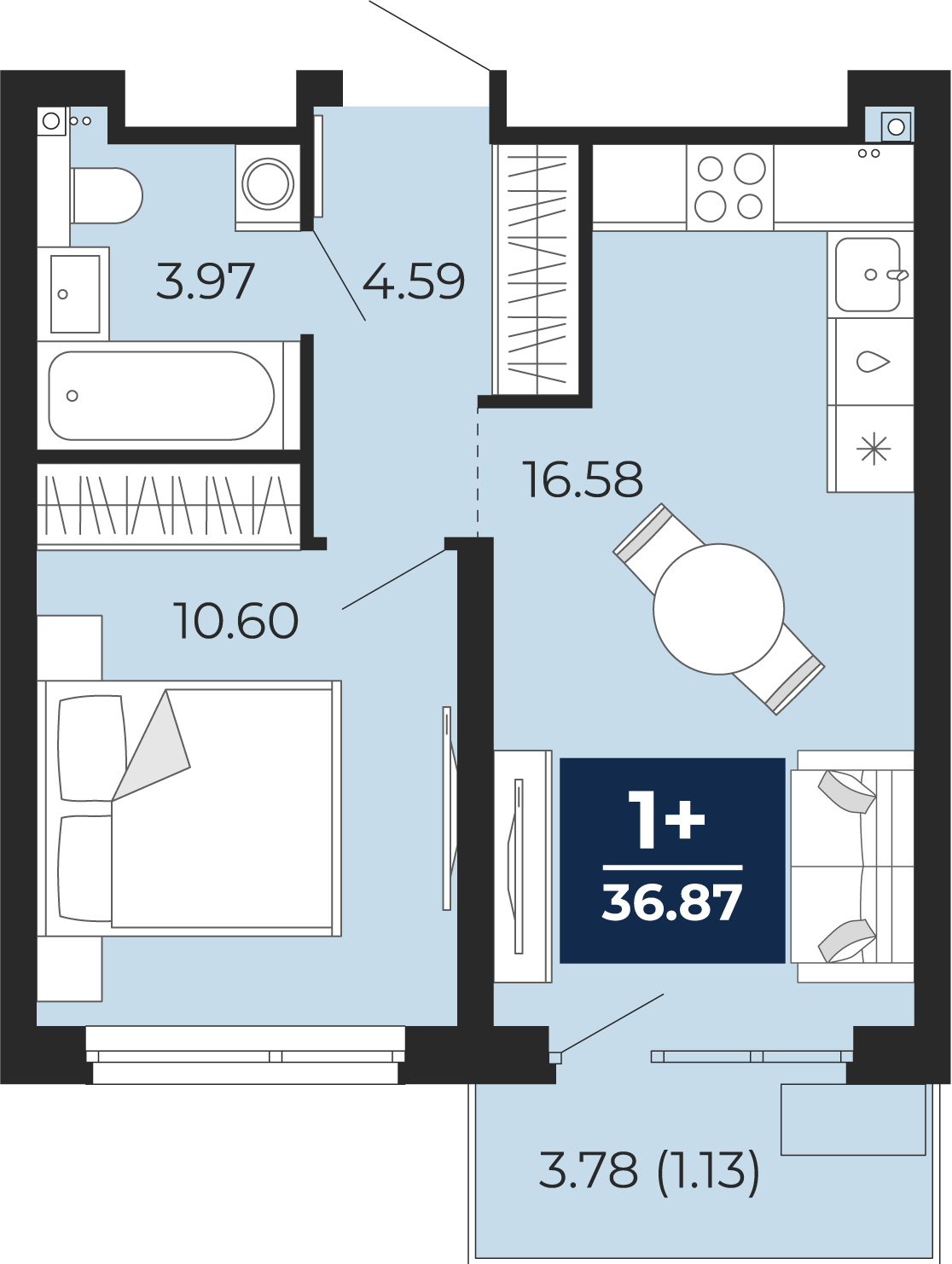 Квартира № 276, 1-комнатная, 36.87 кв. м, 17 этаж