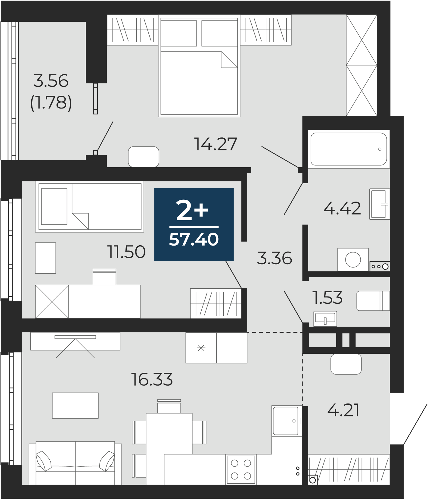 Квартира № 114, 2-комнатная, 57.4 кв. м, 2 этаж