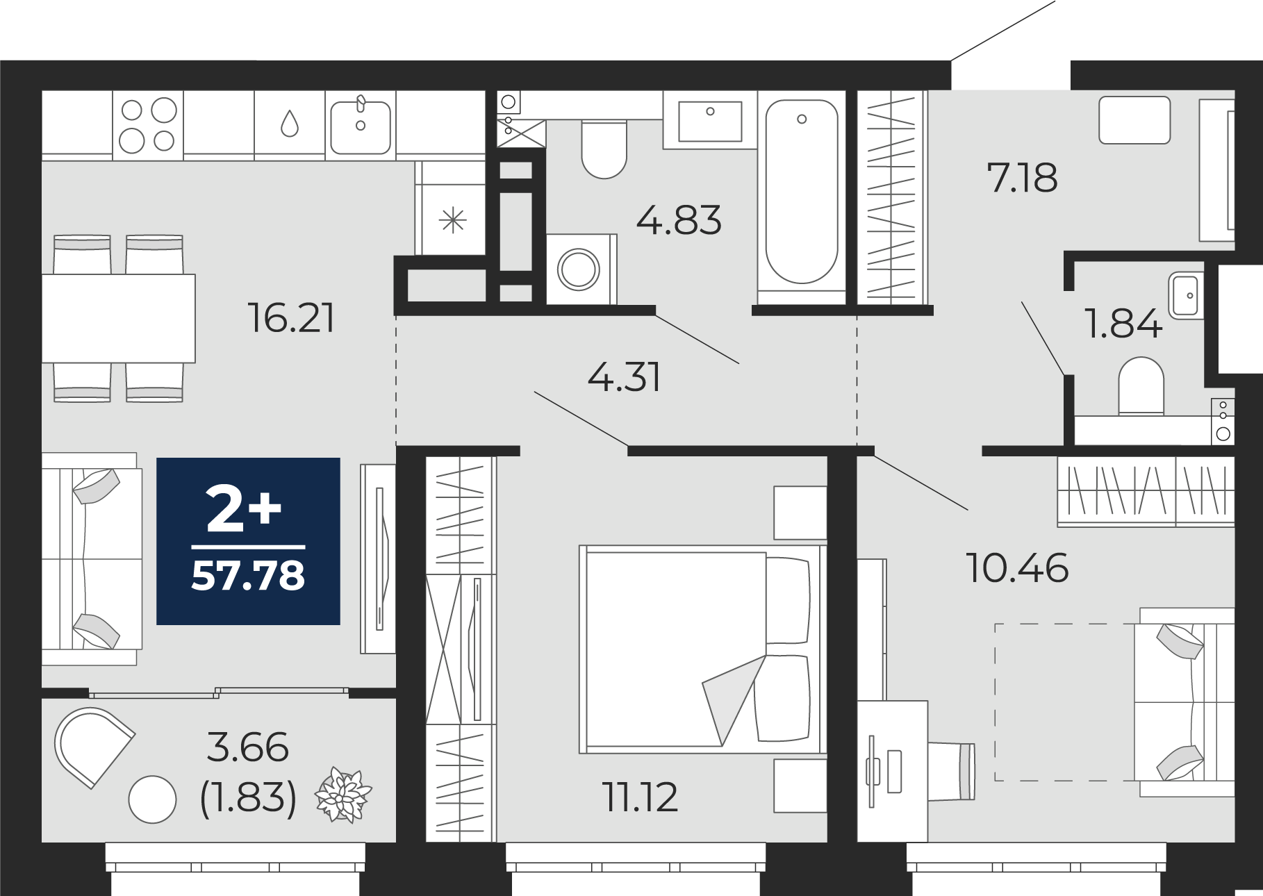 Квартира № 313, 2-комнатная, 57.78 кв. м, 13 этаж