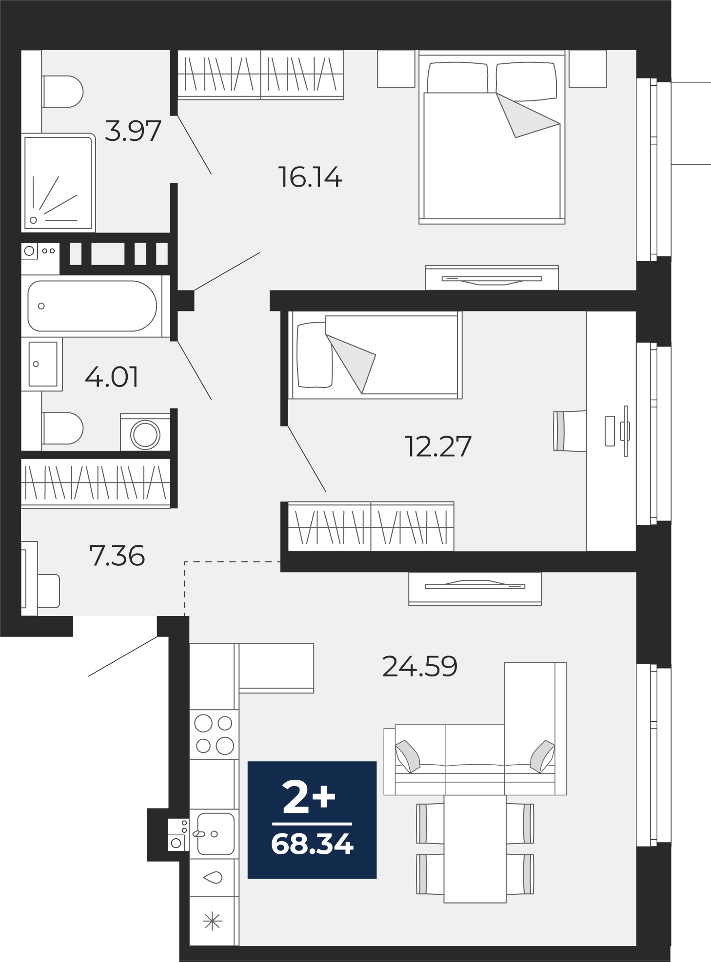 Квартира № 72, 2-комнатная, 68.34 кв. м, 10 этаж