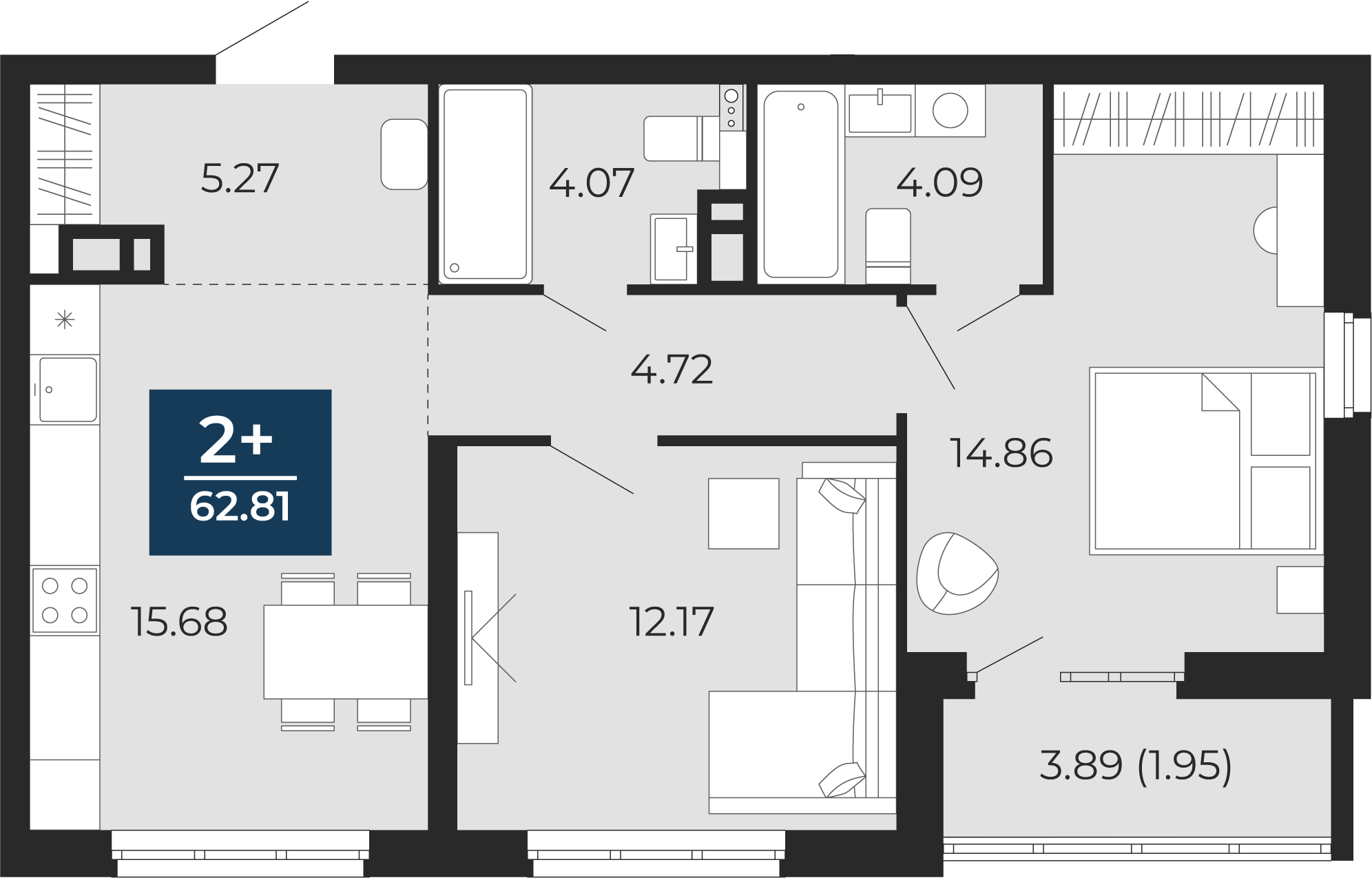 Квартира № 300, 2-комнатная, 62.81 кв. м, 3 этаж