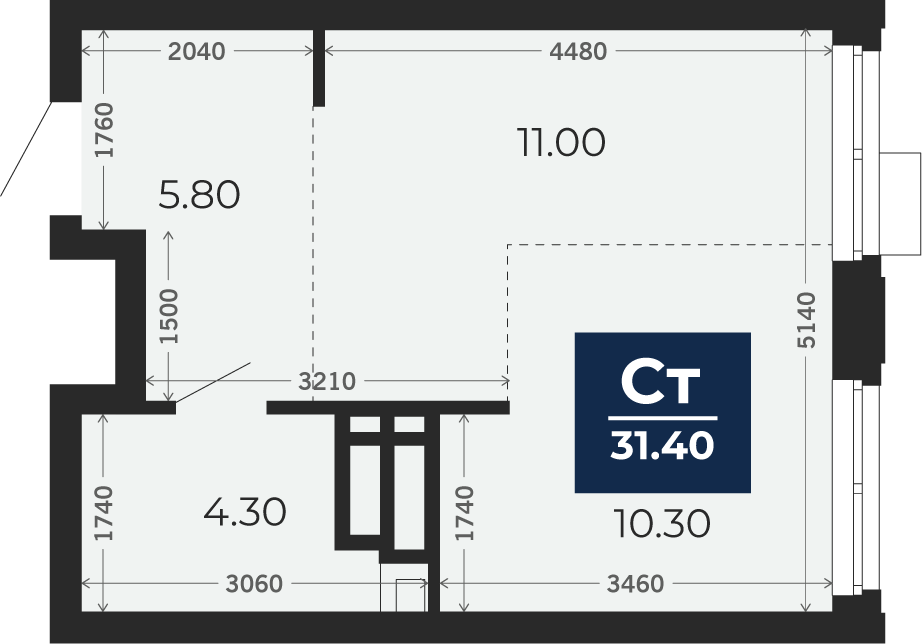 Квартира № 229, Студия, 31.4 кв. м, 15 этаж
