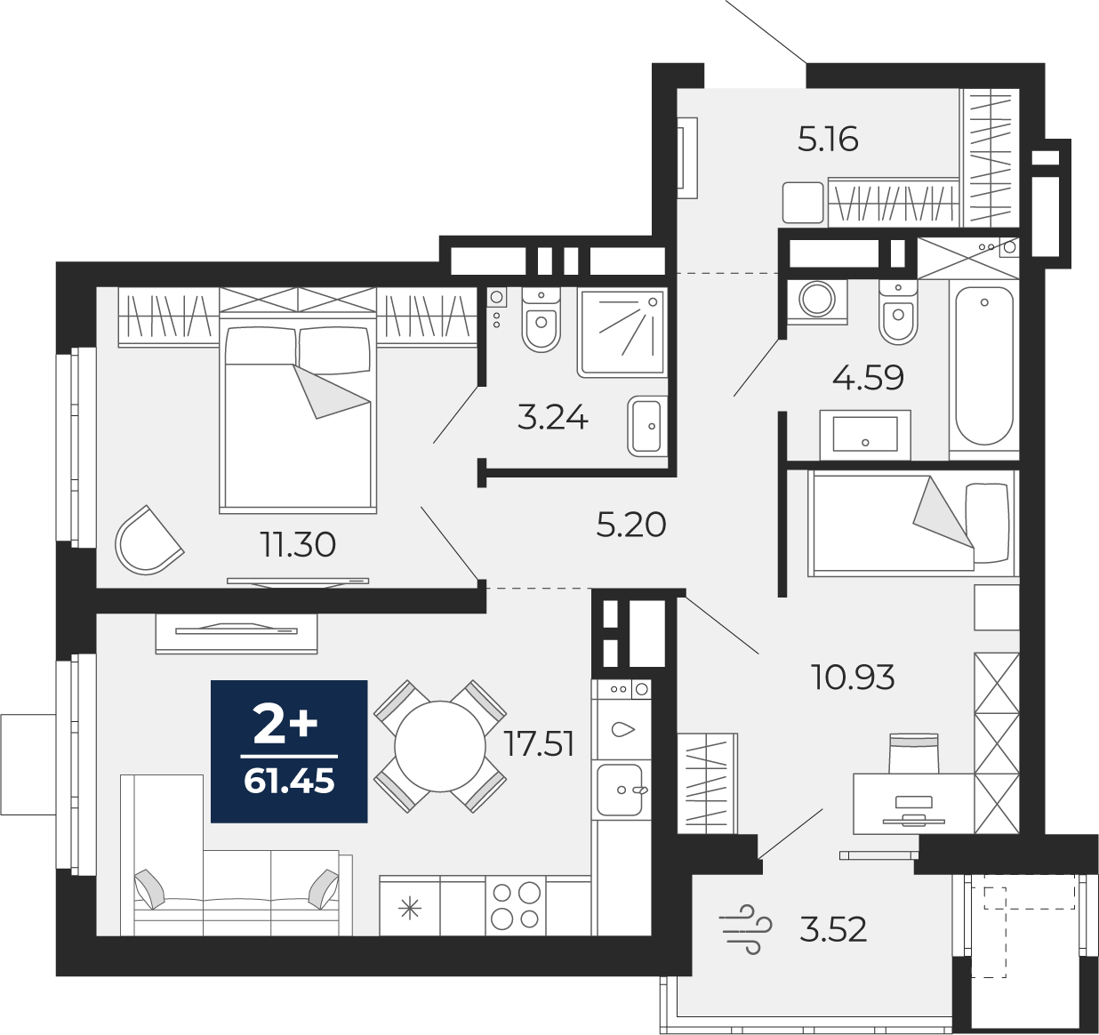 Планировка: Евротрешка 61.8 м² в ЖК Мириады, Мыс